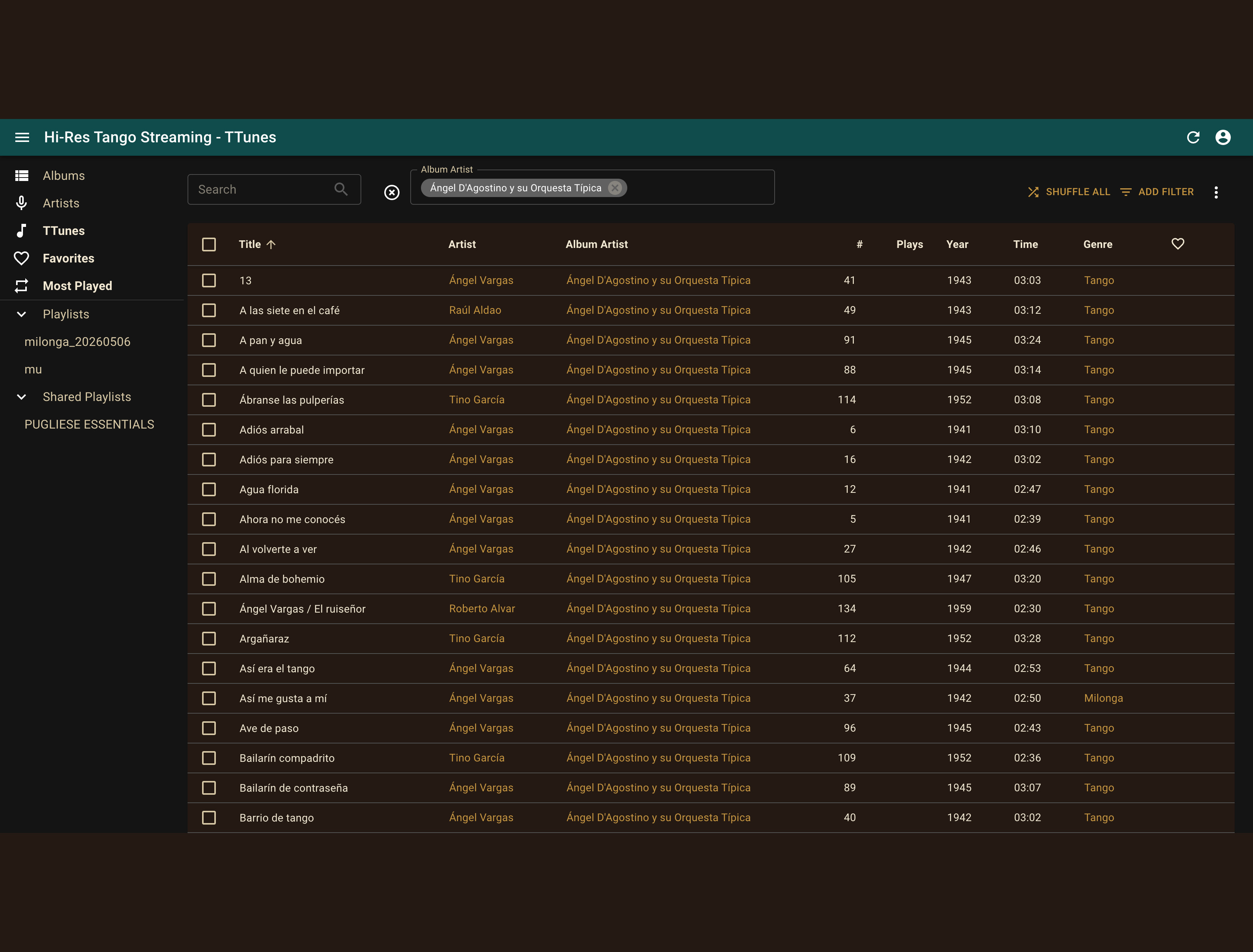 Songliste nach Klick auf einen Orchester-Link
