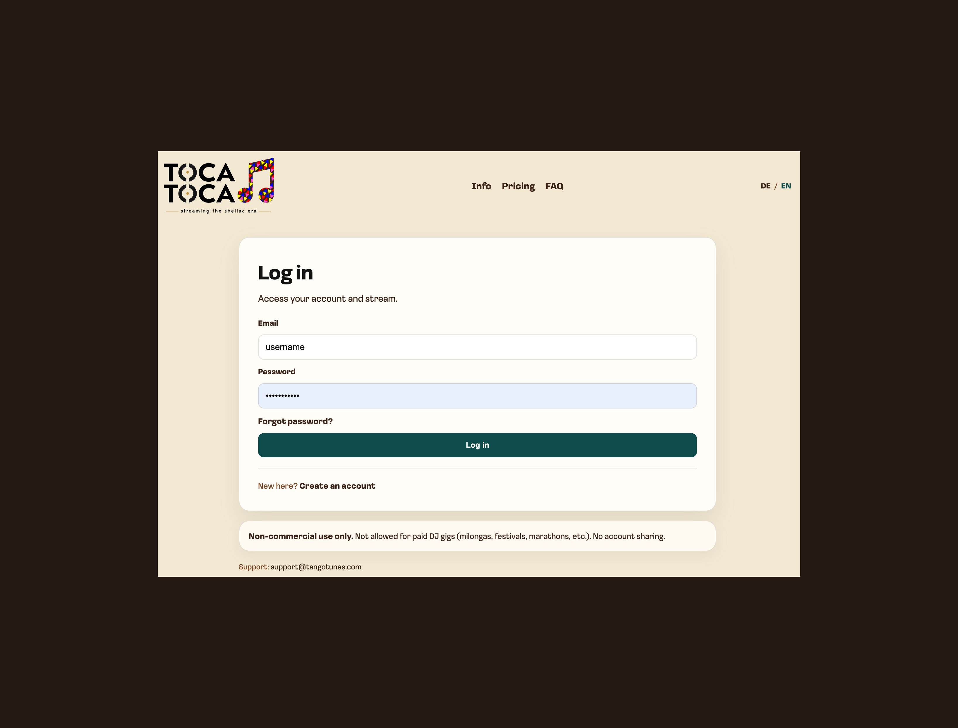 Login-Bildschirm von TocaToca